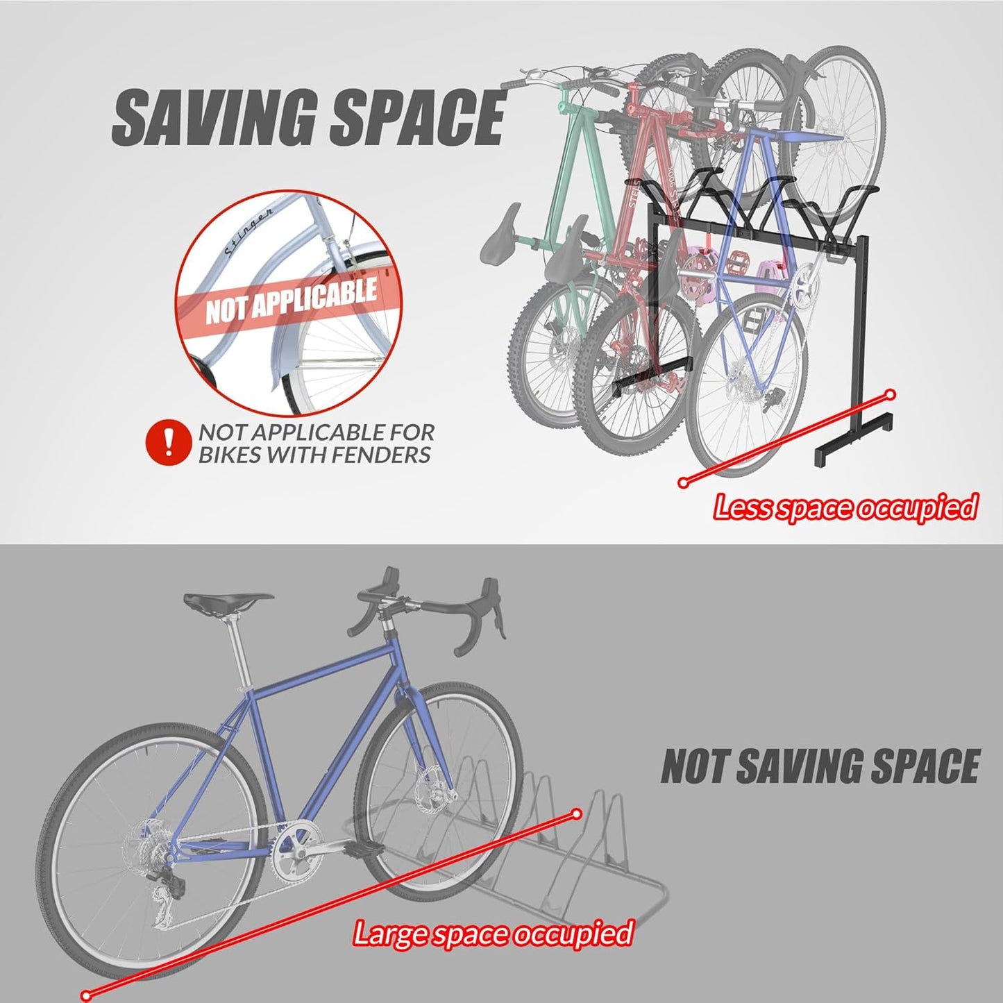 3 Bikes Floor Stand, Adjustable Bicycle Parking Rack with Hook for Garage, Indoor, Outdoor, Metal Cycle Storage Organizer Rack for Mountain, Road and Kids Bikes, Max Tire Width 2.5”, Black