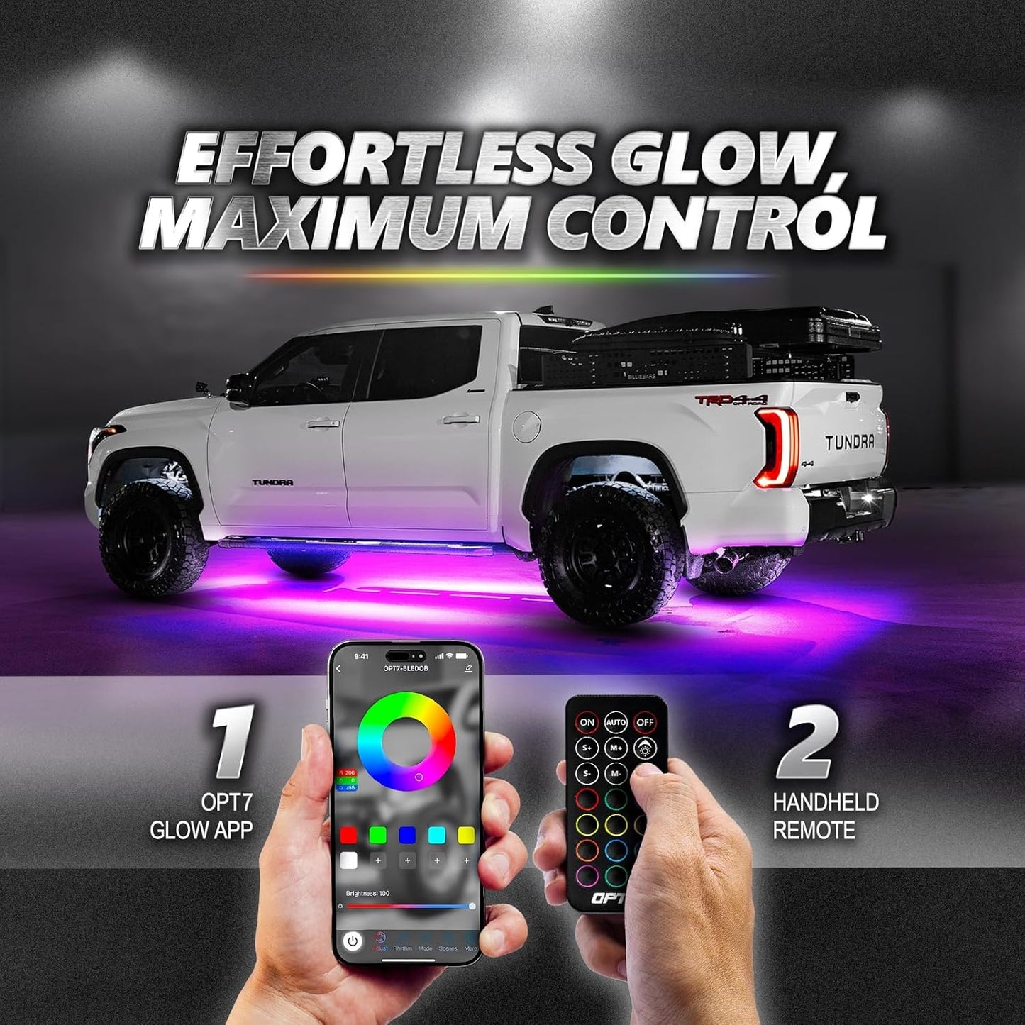 OPT7 Aura Pro Rigid RGB LED Underglow Kit for Trucks Trailers Pickups with App & Remote Control, Multi Colors Music Modes, 4 PCS Waterproof Aluminum Light Bars, Exterior Neon Under Car Lights