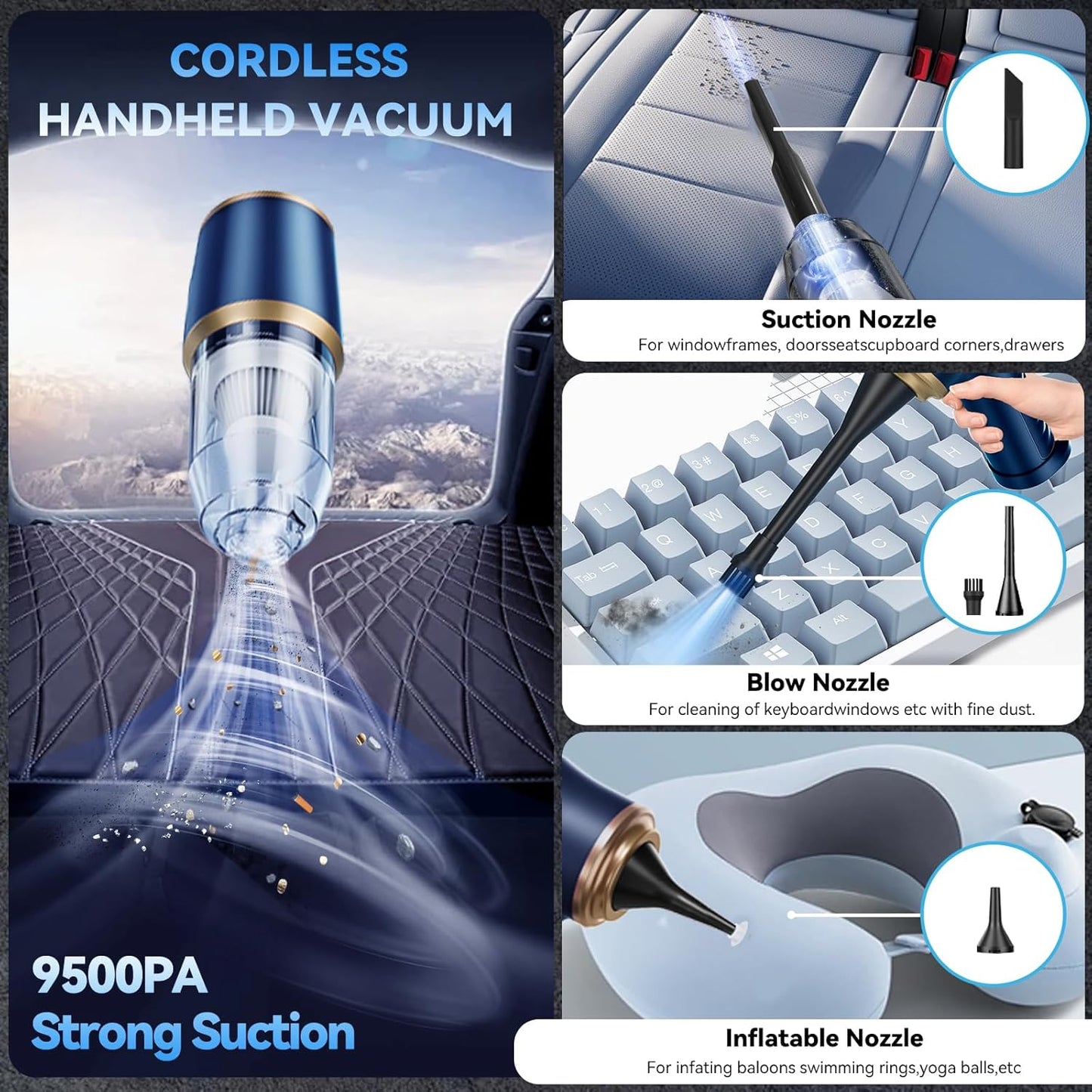 Mini Car Vacuum Portable Cordless Handheld Vacuum Cleaner and Air Duster 2 in 1 with Multi-Nozzles for Car, Computer, Sofa, Office, Pet, Home (Blue and Gold)