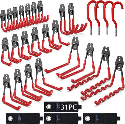 3-H Garage Wall Hooks 31 Pack, Garage Hooks Heavy Duty with Extra Welding Spots, Garage Organizer for Garden, Lawn, Yard Tools, Chairs, Ladders, Weed Eater, Shovel, Blower (Red)