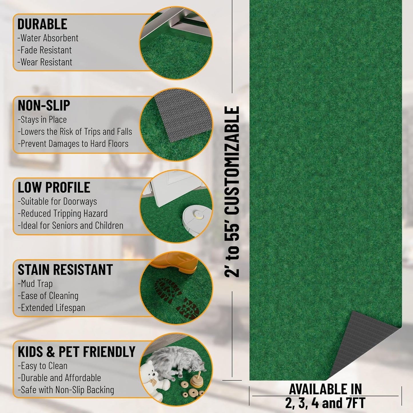 Ottomanson 2' x 20' Hallway Runner with Scraper Pile Extra Durable Non-Slip Rug Mat for Indoor & Outdoor Use - Ideal for Kitchen, Entryway, Patio & Garage - High-Traffic Carpet, Green