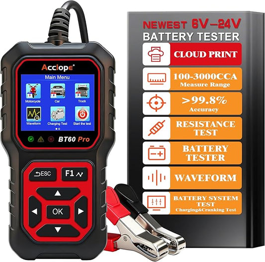 BT60 Pro Car Battery Tester with Cloud Printing,100-3000 CCA, Digital Analyzer for 6V/12V/24V Batteries, AGM Lithium Gel Battery Checker, Automotive Alternator System