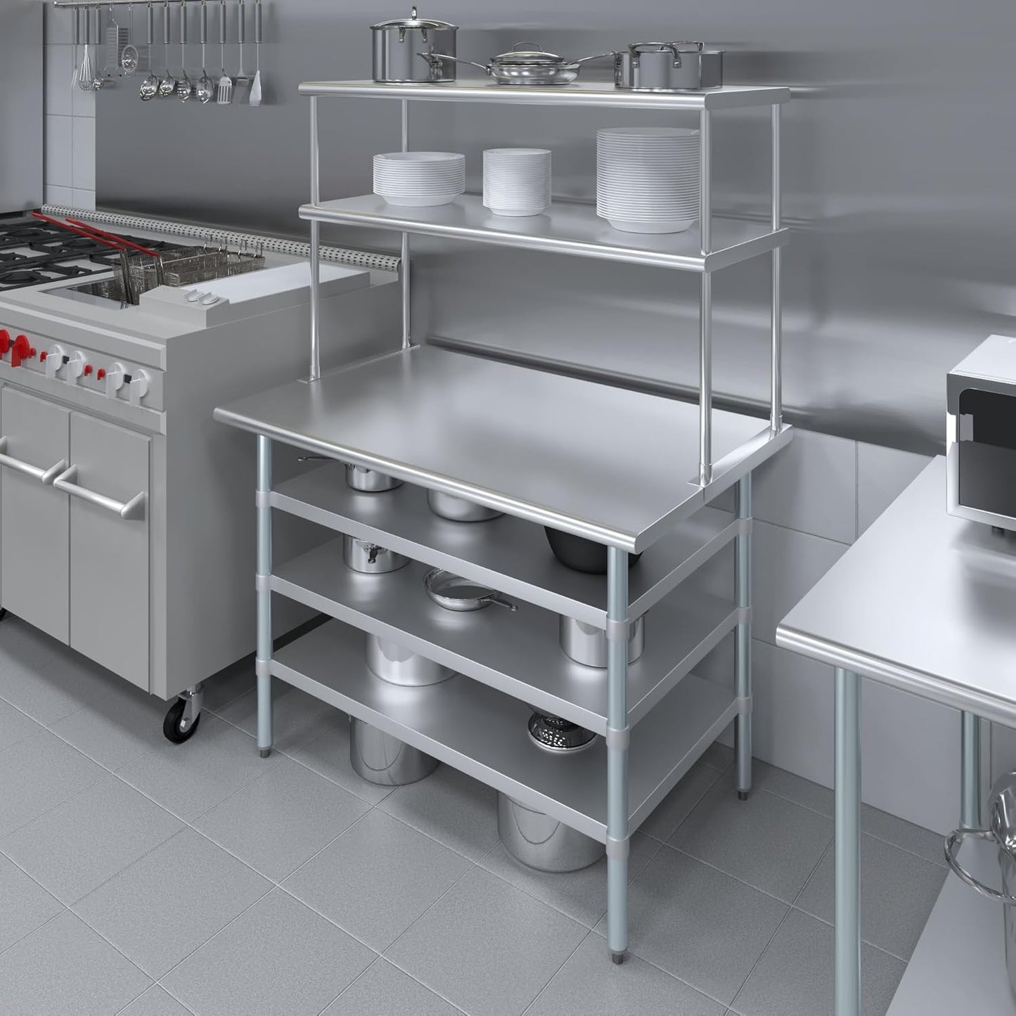 Amgood 30" x 48" Stainless Steel Work Table with 3 Shelves and 18" Wide Double Tier Overshelf | Metal Kitchen Prep Table & Shelving Combo | NSF