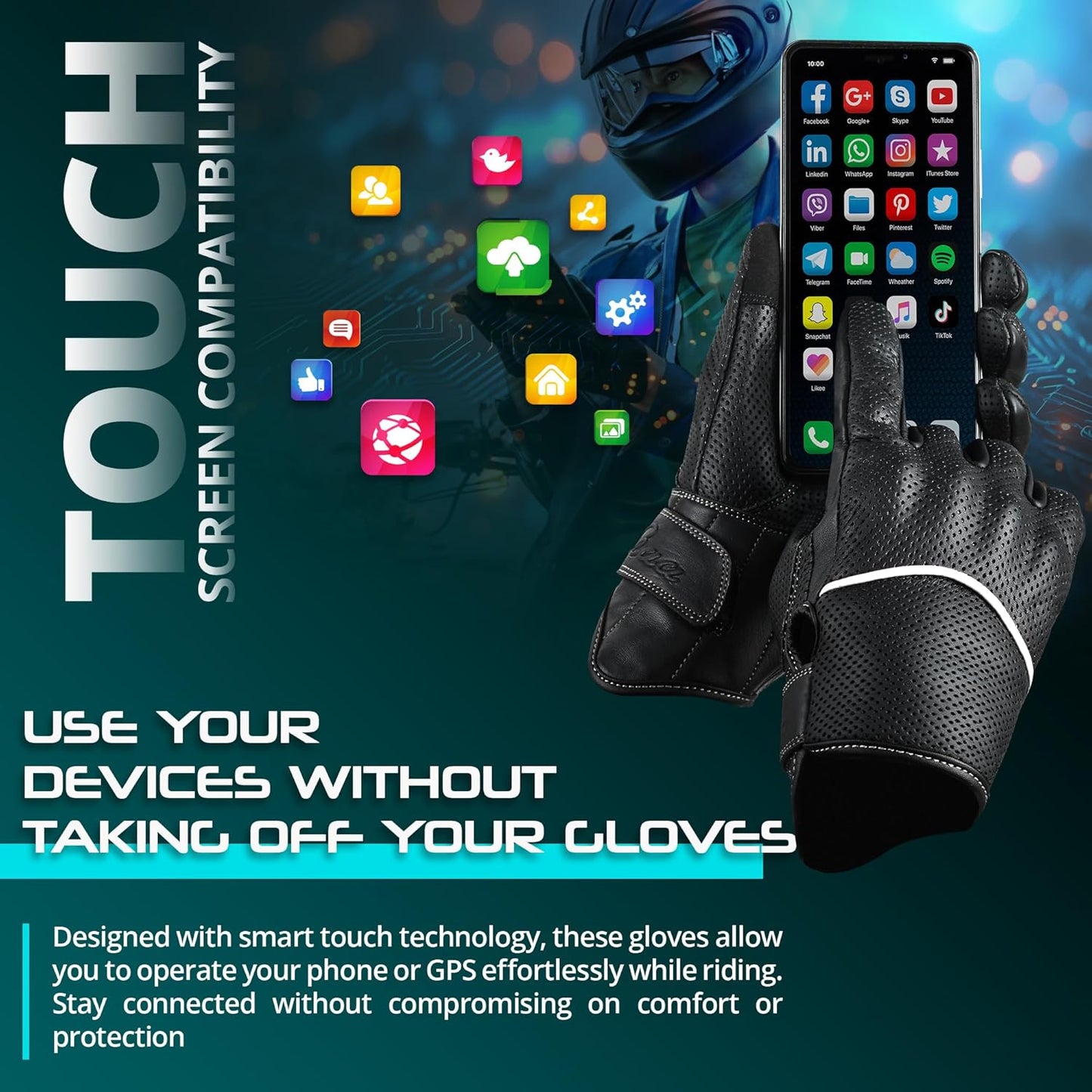 aasportx Motorcycle Gloves - Men's Leather Motorbike Gloves with Touchscreen Function - Non-Slip Pads for Men & Women