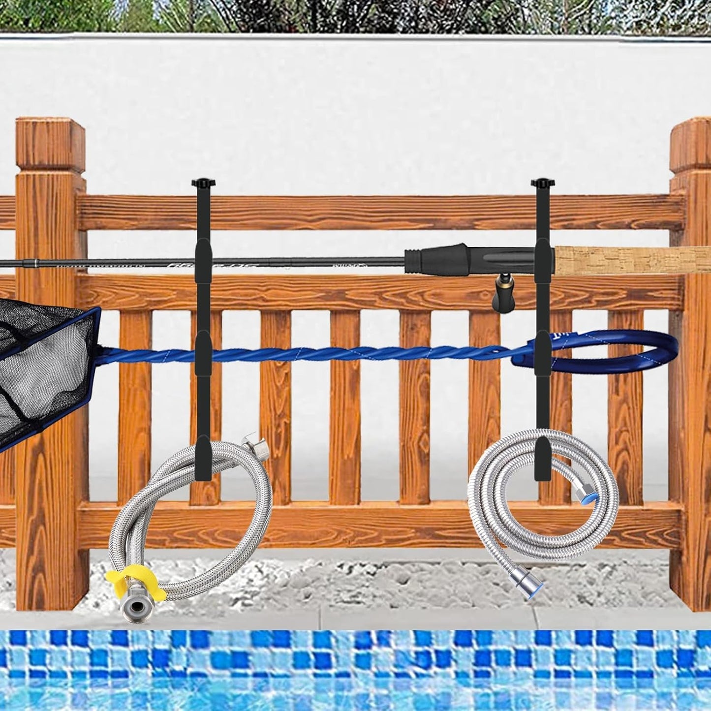 2Pcs Black Pool Pole Hangers, Adjustable Heavy Duty Swimming Pool Fence Hooks for Pool Equipment, Skimmers, Leaf Rakes, Nets, Brushes, Vacuum Hose, Garden Tool Organizer