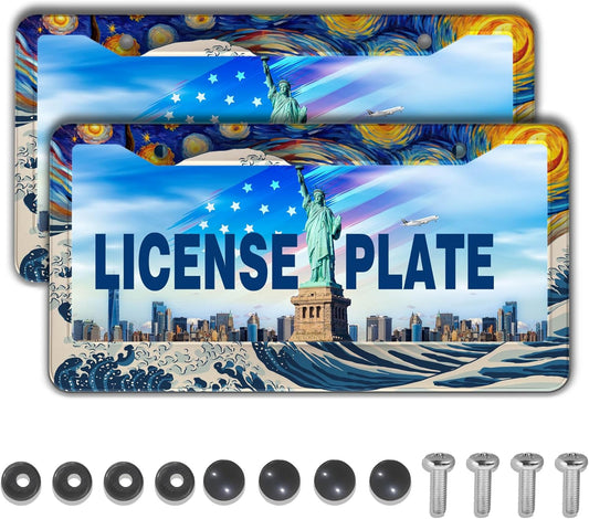 Car Plate Frames for Women Multicolor License Plate Protector for Men Starry Night Big Wave Aluminum Metal Car Accessory 2 Pack with Screw Covers Set