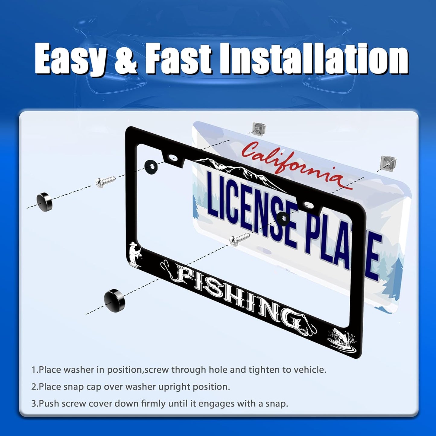 Fishing License Plate Frame Personalised License Plate Stainless Steel Funny Fish License Plate Holder for Men Women Universal Black Car Accessories Decoration 12.3" x 6.3"