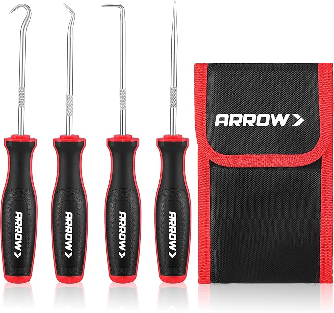 ARROW 4-Piece Precision Hook and Pick Set with Pouch, Mini Pick Tool Set for Automotive Mechanic, O-Ring Removal Tool, Oil Seal, Gasket Remover, Hose Puller Hooks