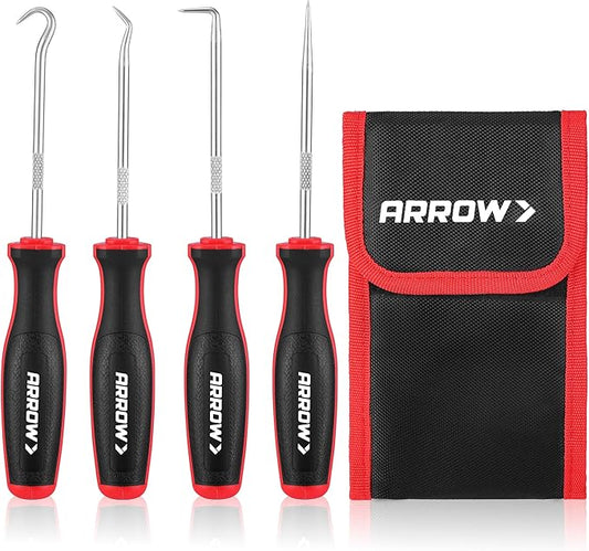 ARROW 4-Piece Precision Hook and Pick Set with Pouch, Mini Pick Tool Set for Automotive Mechanic, O-Ring Removal Tool, Oil Seal, Gasket Remover, Hose Puller Hooks