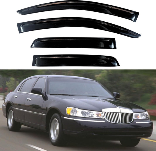 KPY Window Visor Compatible with Lincoln Town Car Sedan 1998-2010, Rain Guard Window Vent Deflectors Tape-On Style, 1998 1999 2000 2001 2002 2003 2004 2005 2006 2007 2008 2009 2010 (Sedan Only)