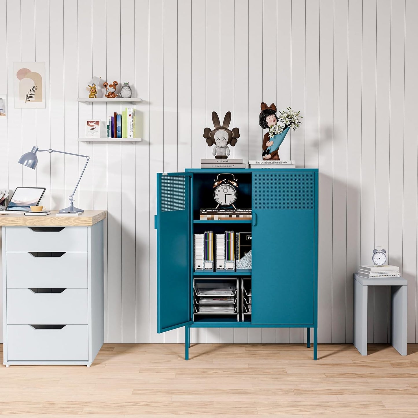 2 Mesh Door Metal Cabinet with Adjustable Shelves, Multipurpose Peacock Blue Storage Cabinet, 3-Tier,Metal Storage Cabinet for Office Home,Hallway(Peacock Blue, 47''H)