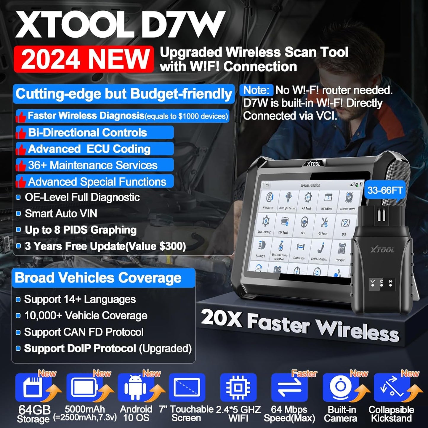 XTOOL D7W OBD2 Scanner Diagnostic Tool: 2025 Wireless Ver. of D7/D7S/D7BT, Bidirectional Scan Tool with ALL System Diagnostic, PMI, ECU Coding, 39+ Resets, 3-Year Updates, CAN FD/DoIP, Scanner for Car