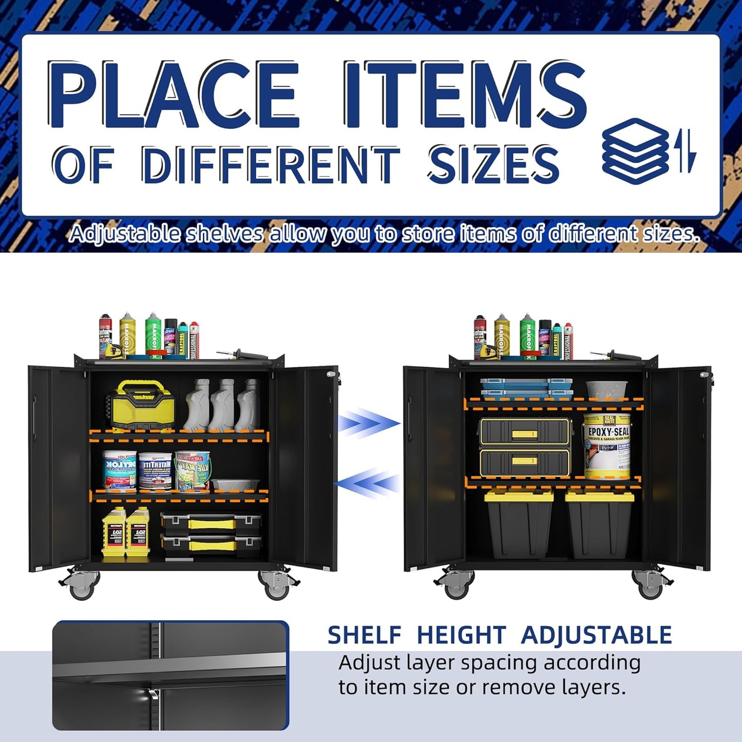 Metal Tool Cabinet,Garage Storage Cabinet System,Wall Cabinet & Locking Rolling Tool Cabinet with Doors and Adjustable Shelves,Steel Tool Cabinets for Home,Office (2 Pcs-StyleC, Black)