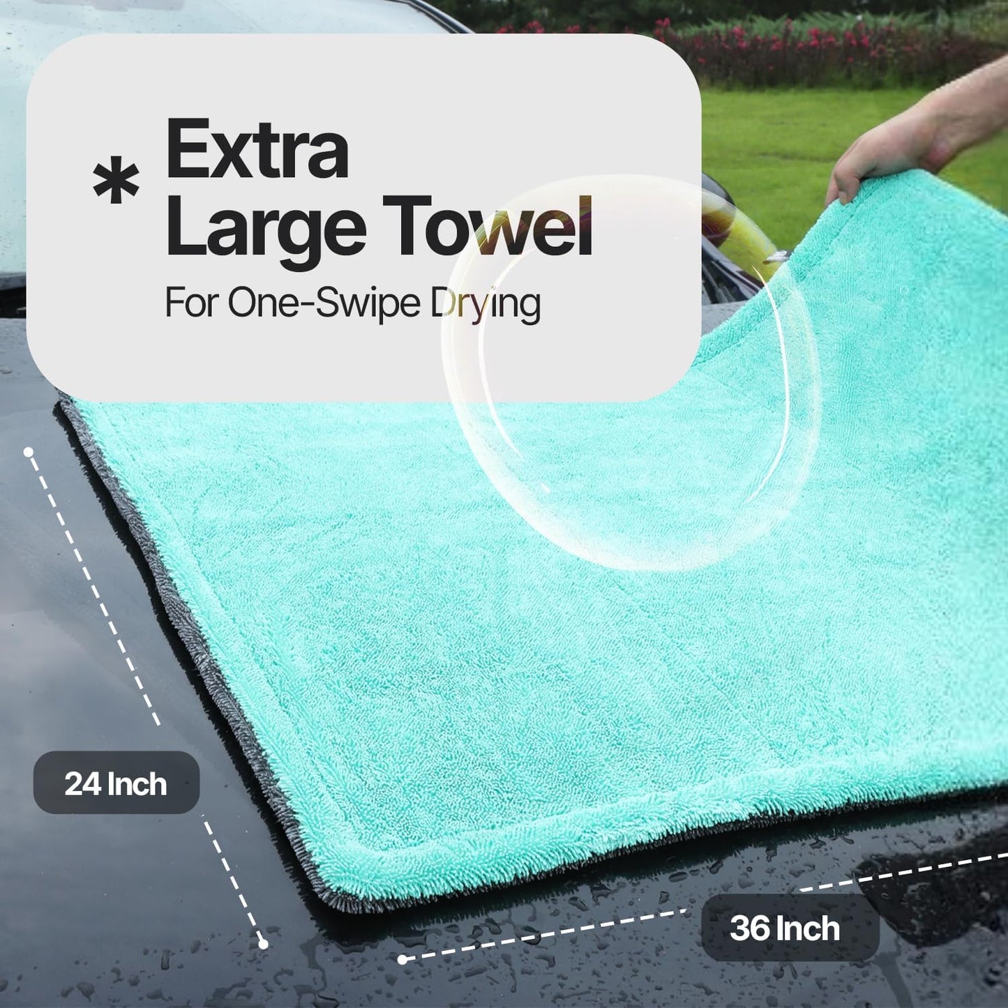 Microfiber Towels for Cars - 1300GSM X Large Size Double Twisted Loop 2pcs - 70/30 Blend Quick Dry High Absorbent Edgeless Streak Free - Car Drying Towel for Detailing 24x36″ & 12x12 (Grey+Green)
