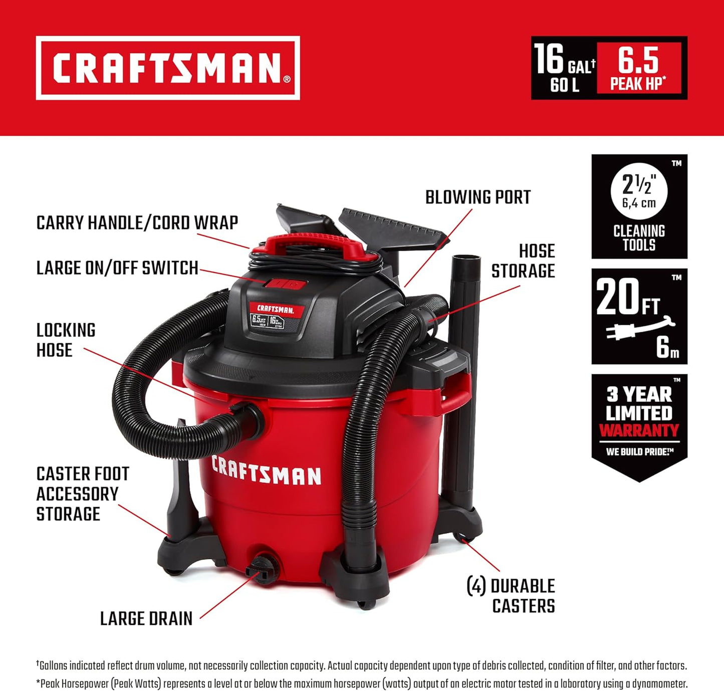 CRAFTSMAN CMXEVBE18695 16 Gallon 6.5 Peak HP Wet Dry Vac, Heavy-Duty Shop Vacuum Wet and Dry with Filter, Muffler/Diffuser, Dust Bag, Hose and Attachments for Home Projects & Renovations