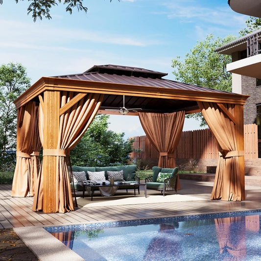Aoxun 10' x 12' Hardtop Gazebo, Wooden Finish Coated Aluminum Frame Canopy, Galvanized Steel Double Top, Outdoor Permanent Metal Pavilion with Curtains and Netting, for Backyard, Patio and Deck