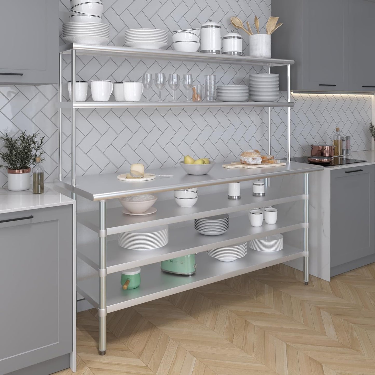 Amgood 24" x 72" Stainless Steel Work Table with 3 Shelves and 12" Wide Double Tier Overshelf | Metal Kitchen Prep Table & Shelving Combo | NSF