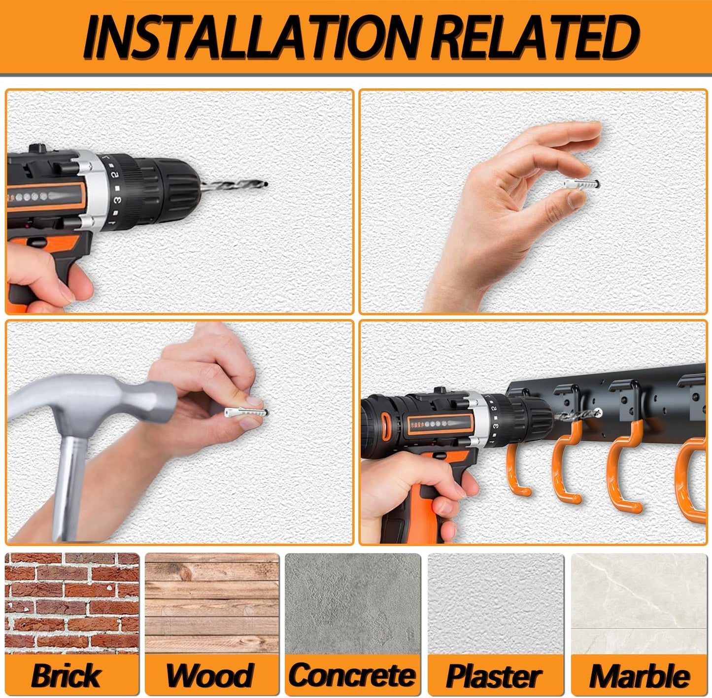 3-H 6×16" All Metal Garden Tool Organizer Wall Mount, Broom Holder Wall Mount for Garage, Shed, Garden, Basement Hanging and Organizing Rake, Mop, Shovel, Hose (6Pack)