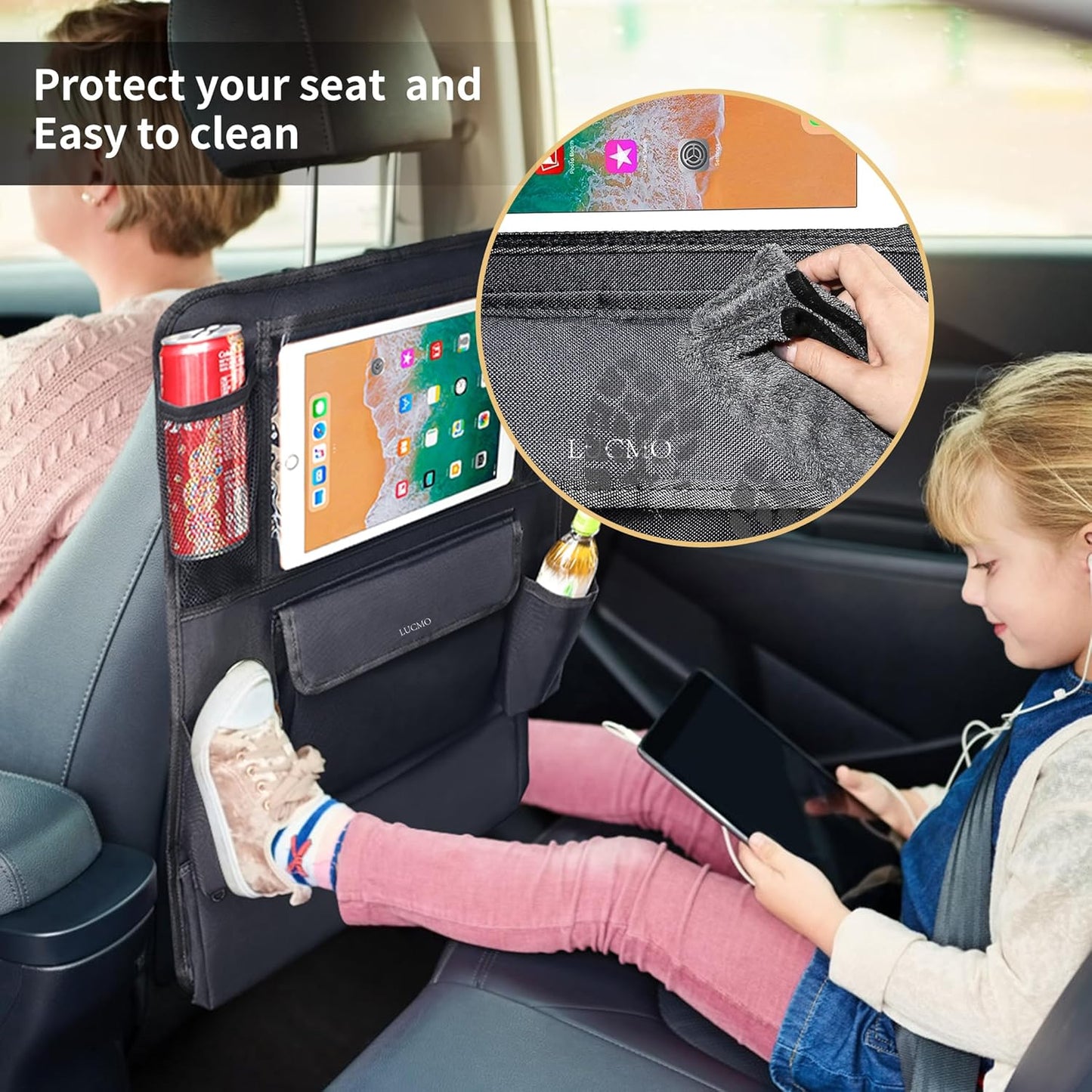 LUCMO Car Backseat Organizer with Touch Screen Tablet Holder,9 Storage Pockets Protectors Kick Mats Travel Accessories for Kids-Black