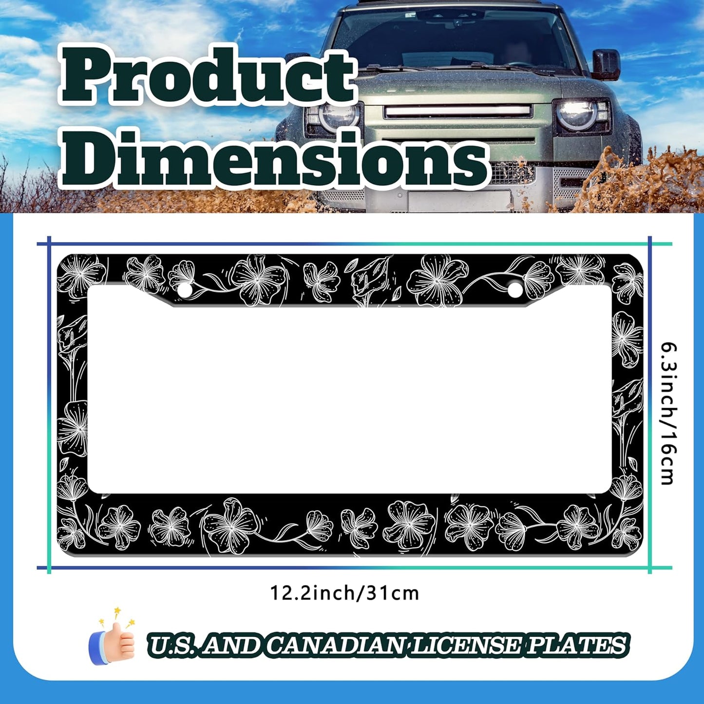 Black and White Line Drawing Flowers License Plate Frame Beautiful Floar License Plate Holder for Front or Rear Car Tags Reusable Stainless Steel Funny Car Decoration with Screws 6.3 X 12.2 in