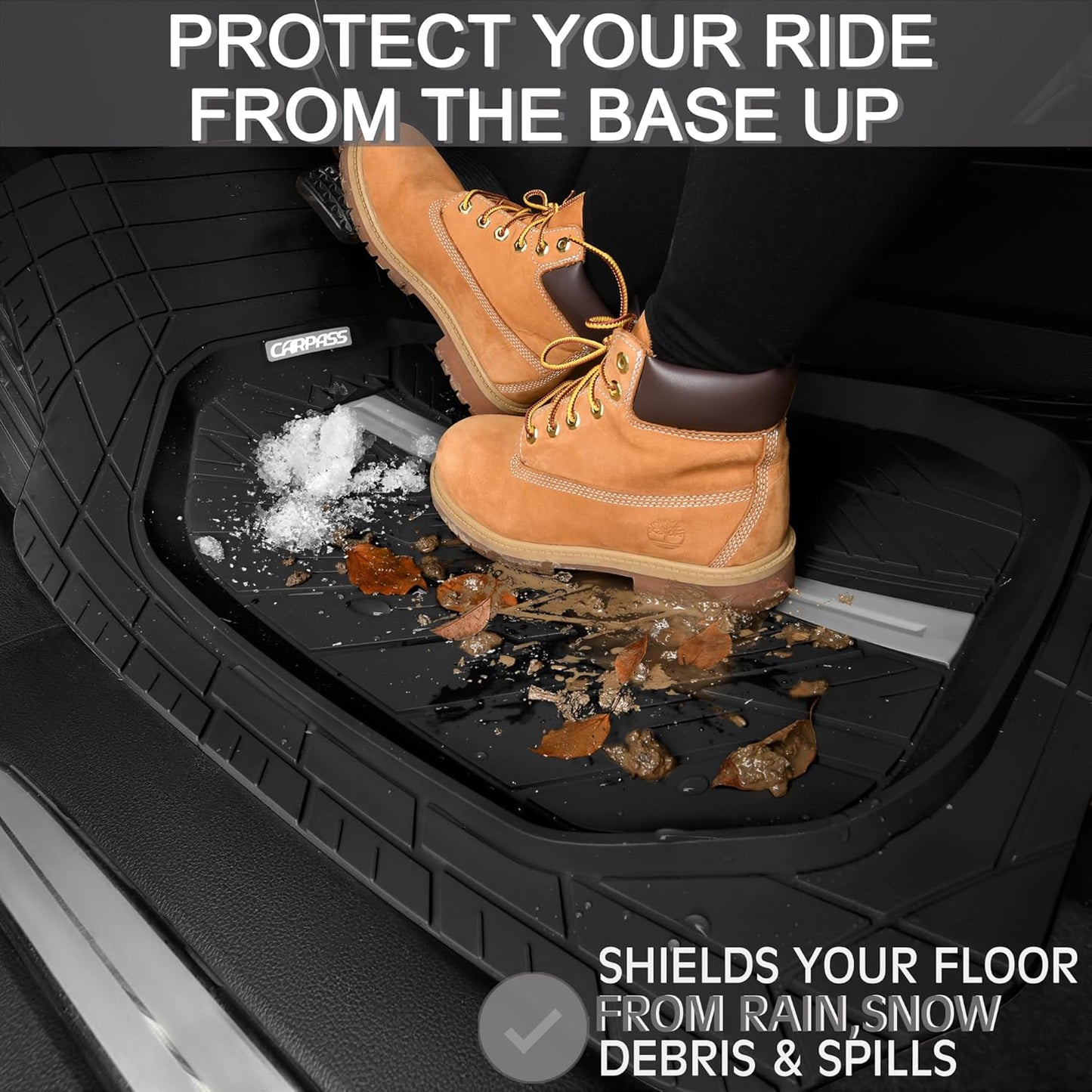 CAR PASS Tire Tread DeepDish Rubber Floor Mats for car Heavy Duty car mats All Weather, Universal XL~M Trim to Fit for Truck SUV Vehicle Automotive, Waterproof car mats 3 Piece(Gray Black)