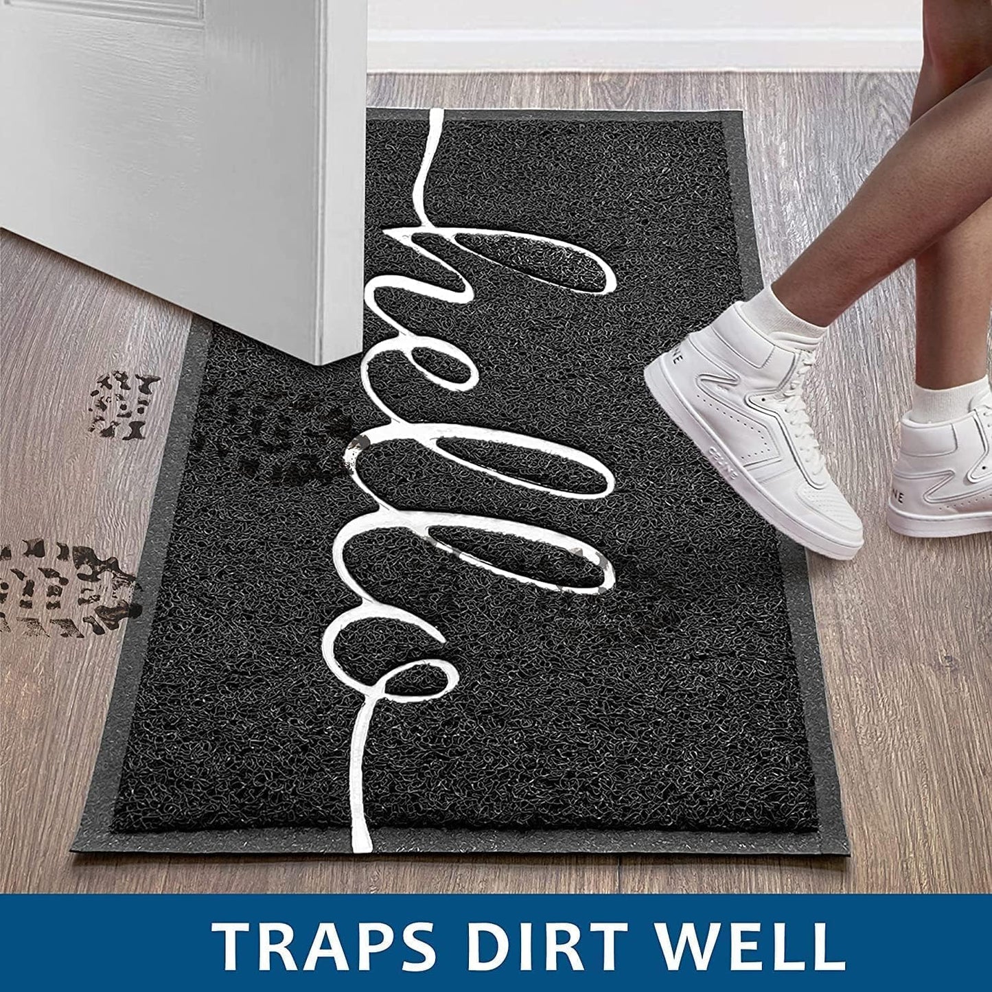 EARTHALL Door Mat 2-Pack Outside Inside Hello Doormat 30"x17.5" Durable Floor Mat Non Slip Mat Ultra Absorb Mud Easy Clean Front Doormat for Garage, Entryway, Patio, High Traffic Areas, Black