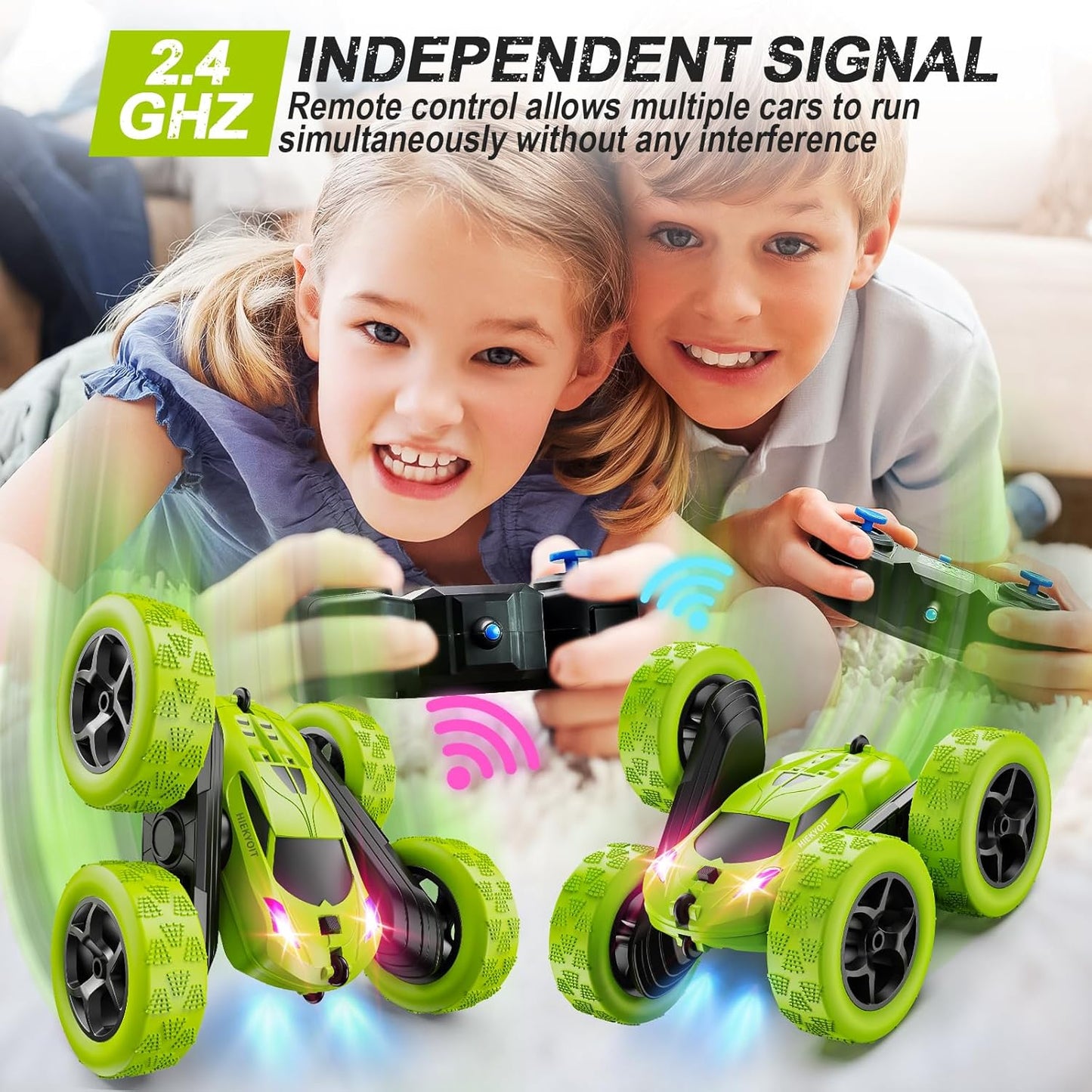 Remote Control Car for Kids Ages 6+, RC Cars Stunt Car Toy 4WD Double Sided 360° Rotating Remote Control with Headlights, Birthday Xmas Gifts for Boys 6 7 8 9 10 11 12 Green