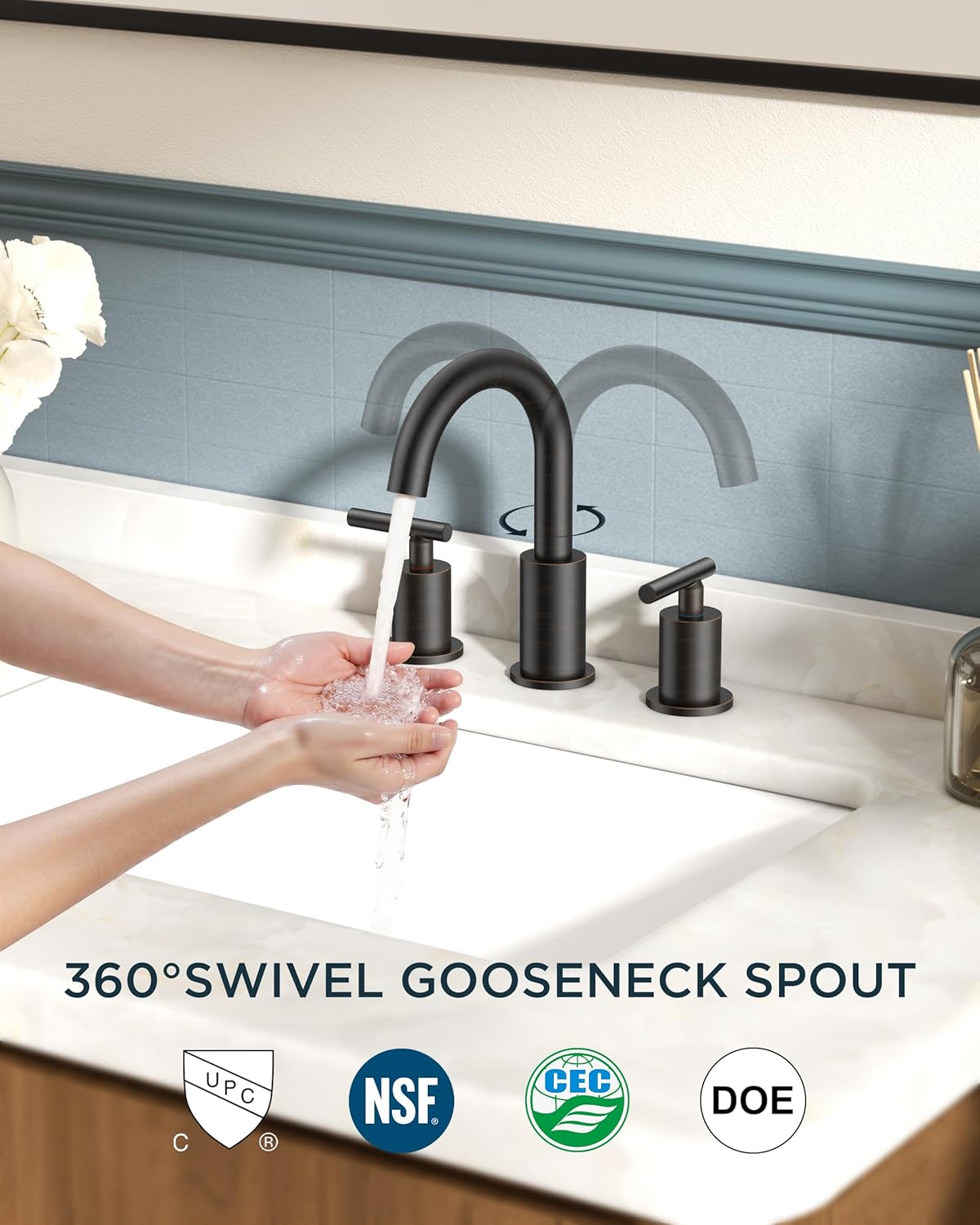 FORIOUS Oil Rubbed Bronze Bathroom Faucet 3 Hole, 8 Inch Widespread Bathroom Sink Faucet Bronze with Pop Up Drain, 3 Piece Vanity Faucet ORB with 24" CUPC Supply Hoses, 6" to 10" Sink Restroom Remodel