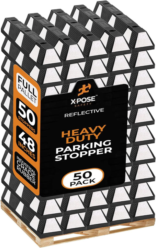 Xpose Safety 48" Heavy Duty Rubber Parking Stopper – Bulk Full Pallet 50 Pack Wheel Blocks for Garage, Driveway, or Ramp – Car Bumper Stop with White Reflective Strips – Removable Floor Mount