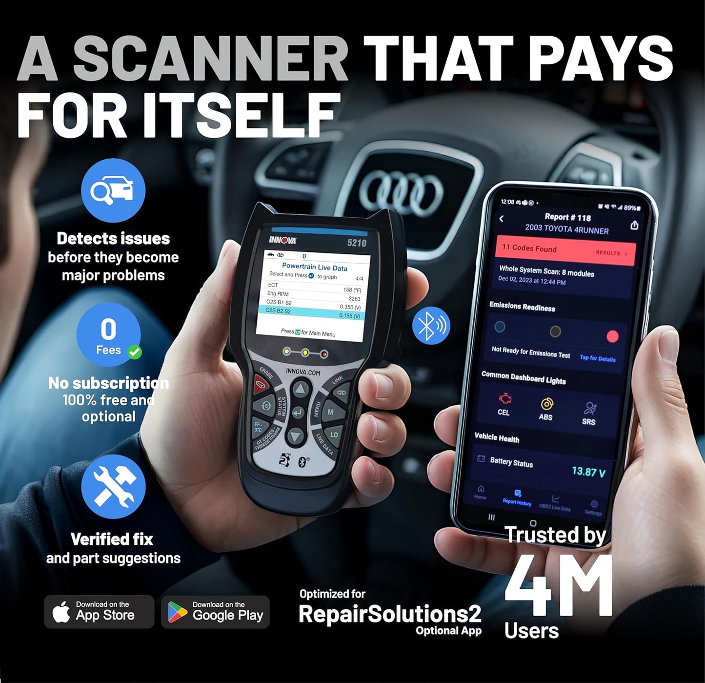 Innova 5210 OBD2 Scanner & Engine Code Reader, Battery Tester, Live Data, Oil Reset, Car Diagnostic Tool for Most Vehicles, Bluetooth Compatible with America's Top Car Repair App