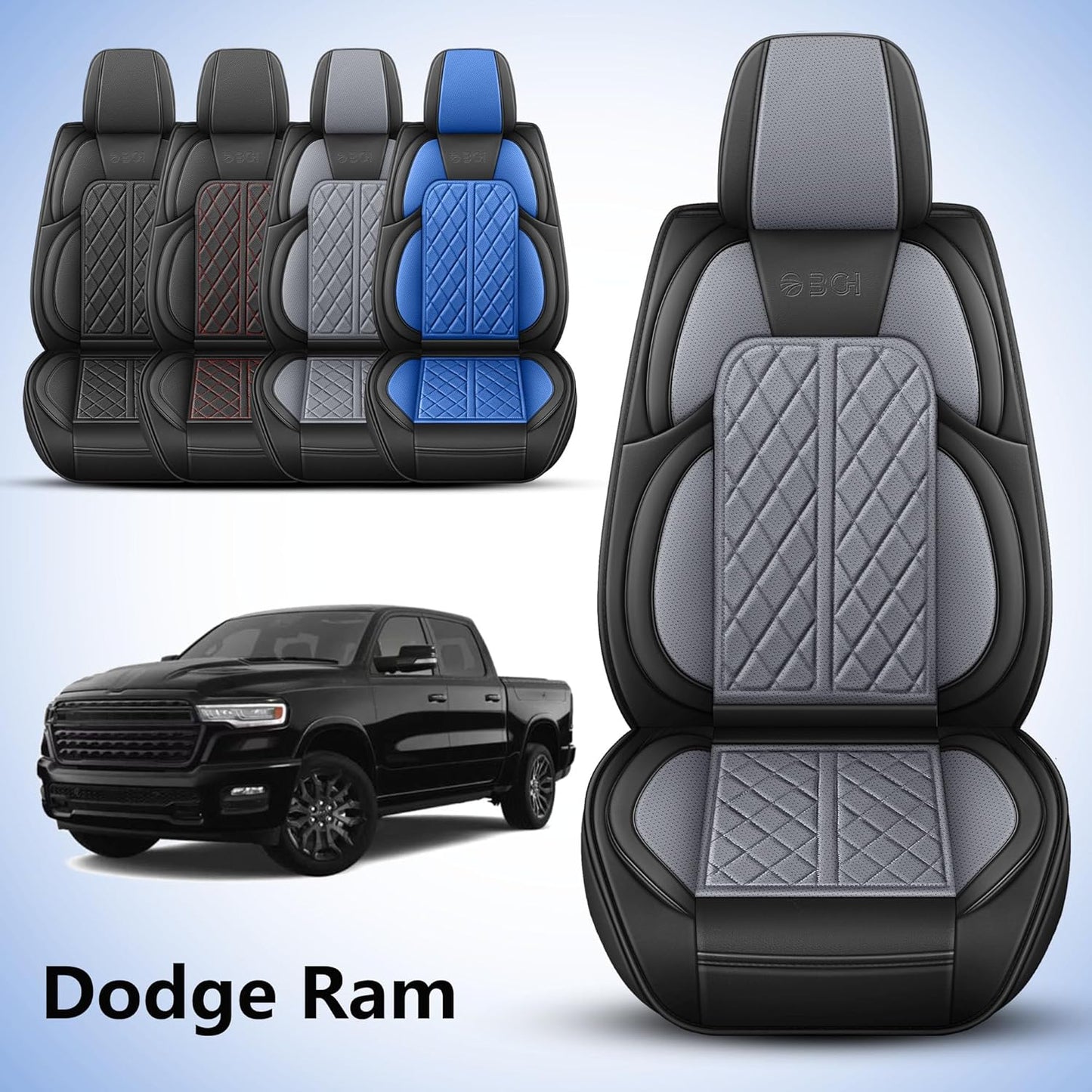 Car Seat Cover Custom Fit for Dodge Ram 1500 2500 3500 2002-2024 Faux Leather Seat Cover Set Compatible with Crew Quad Regular Cab Pickup Truck Cushions (Black & Grey, Front Seat)