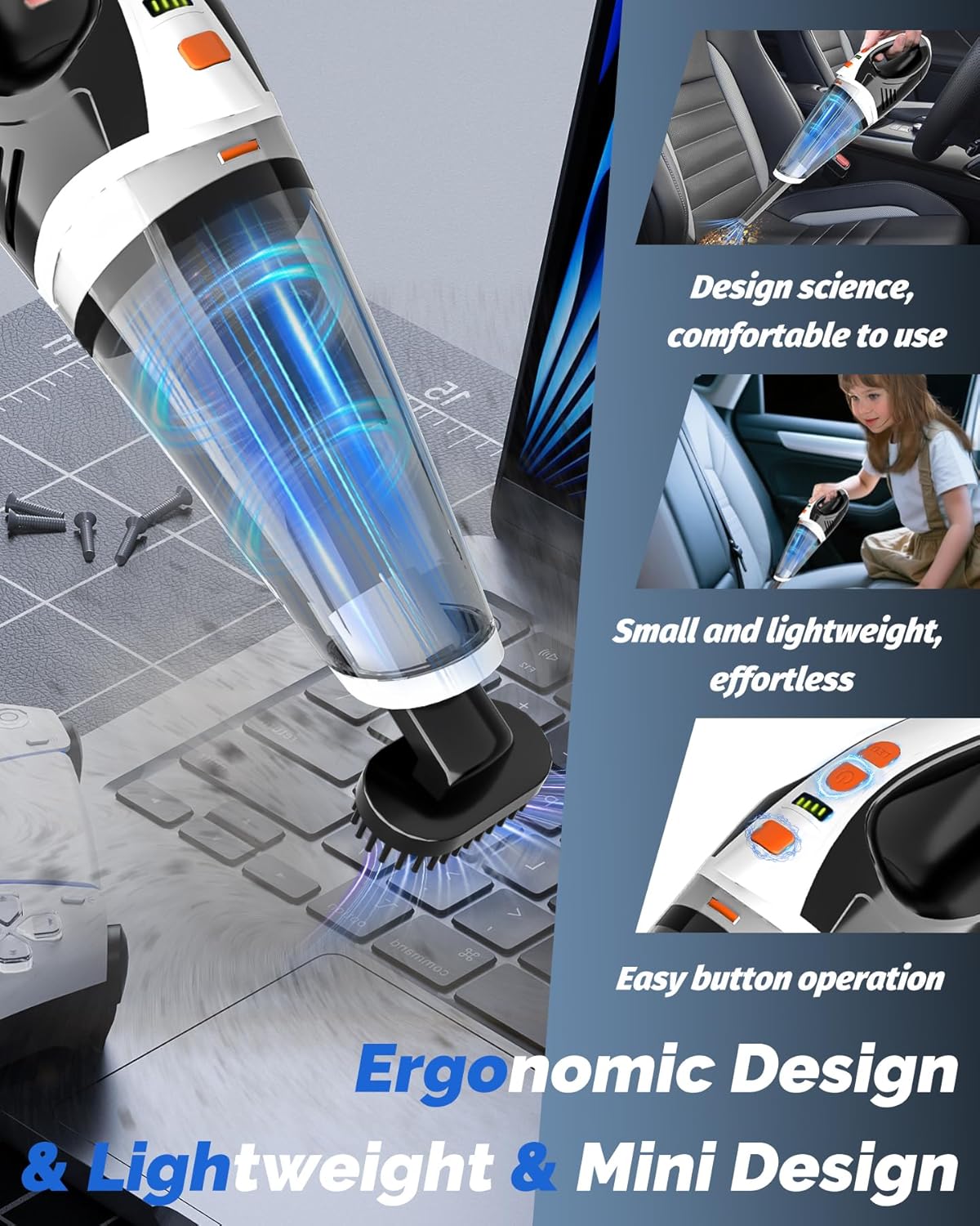 BRL Handheld Vacuum Cordless Car Vacuum Cleaner Rechargeable with LED, Hand Vacuum Lightweight, High Power Suction, Hand Held Vacuum Washable Filter and Multi-Nozzles for Car, Home Office, Pets