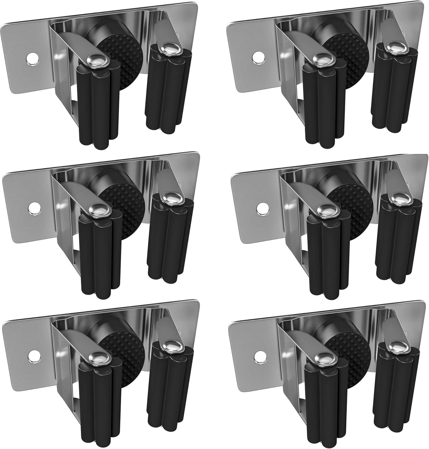 Self Adhesive Broom and Mop Holder Wall Mounted – SUS304 Stainless Steel 2-Slot Organizer with Anti-Slip Rubber Grips, 25lb Load, Adjustable for 0.6–1.4" Handles, Garage Kitchen Bathroom Use, 6 Pcs