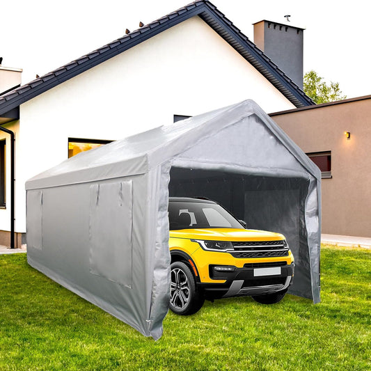 Auraway Carport 12'x20' All-Season Portable Garage Carport, Heavy-Duty Canopywith Roll-Up Vent Windows, Front and Rear Zip Doors, Sandbags, for Cars, Motorcycles and Outdoor Storage (Grey)