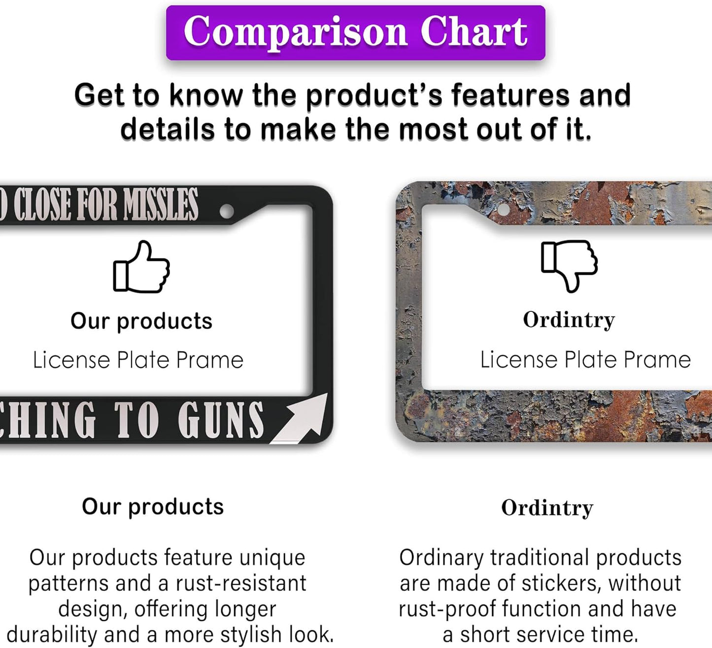 License Plate Frames Black and White License Plate Cover Too Close Missiles Switching to Guns Aluminum Metal Car Accessory 2 Pack with Screw Covers Set