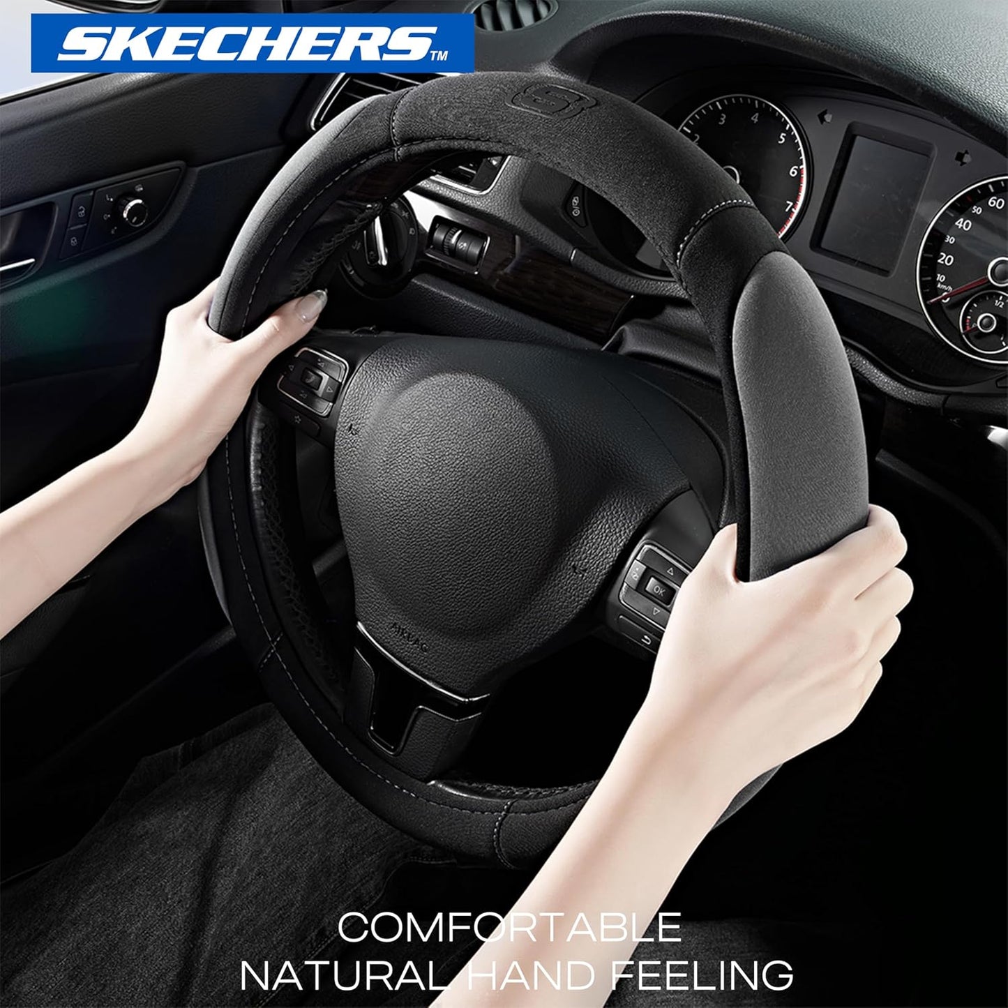 Skechers Steering Wheel Cover,14.5-15 Inch Universal Memory Foam Car Steering Wheel Covers Breathable Anti-Slip Steering Wheels Accessories for Men Women (Black & Grey)