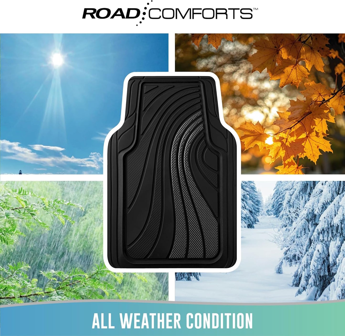 Road Comforts Car Floor Mats Full Set – Front & Rear Car Floor Mats with Aluminum Design, Anti-Slip Backing, All-Weather Protection, Trim-to-Fit Car Mats for Most Sedans, SUVs & Vans - Black