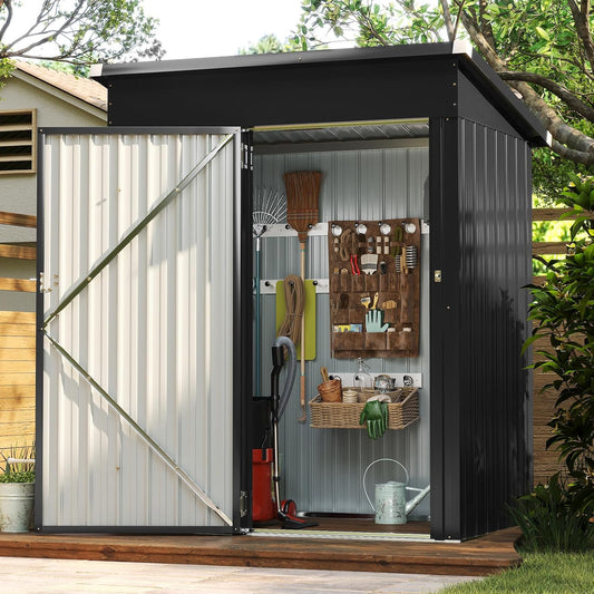 Aoxun 5x3FT Outdoor Shed Metal Storage Shed with Single Slooping Roof Lockable Door Steel Utility Tool Shed Outdoor Storage Garden Shed for Backyard Garden Patio Lawn, Black