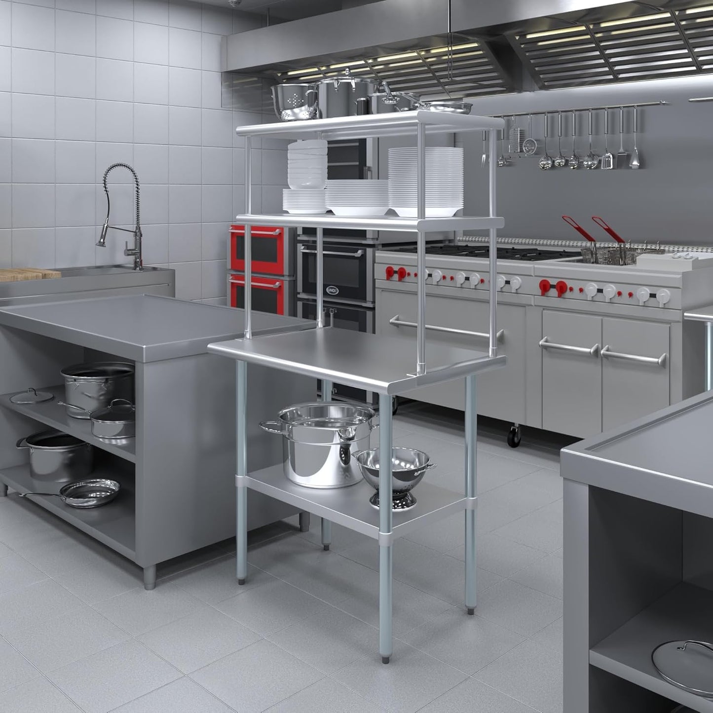 Amgood Stainless Steel Work Table Double Tier Overshelf | Metal Kitchen Prep Table & Shelving Combo (24" x 36" Work Table + 18" Overshelf)