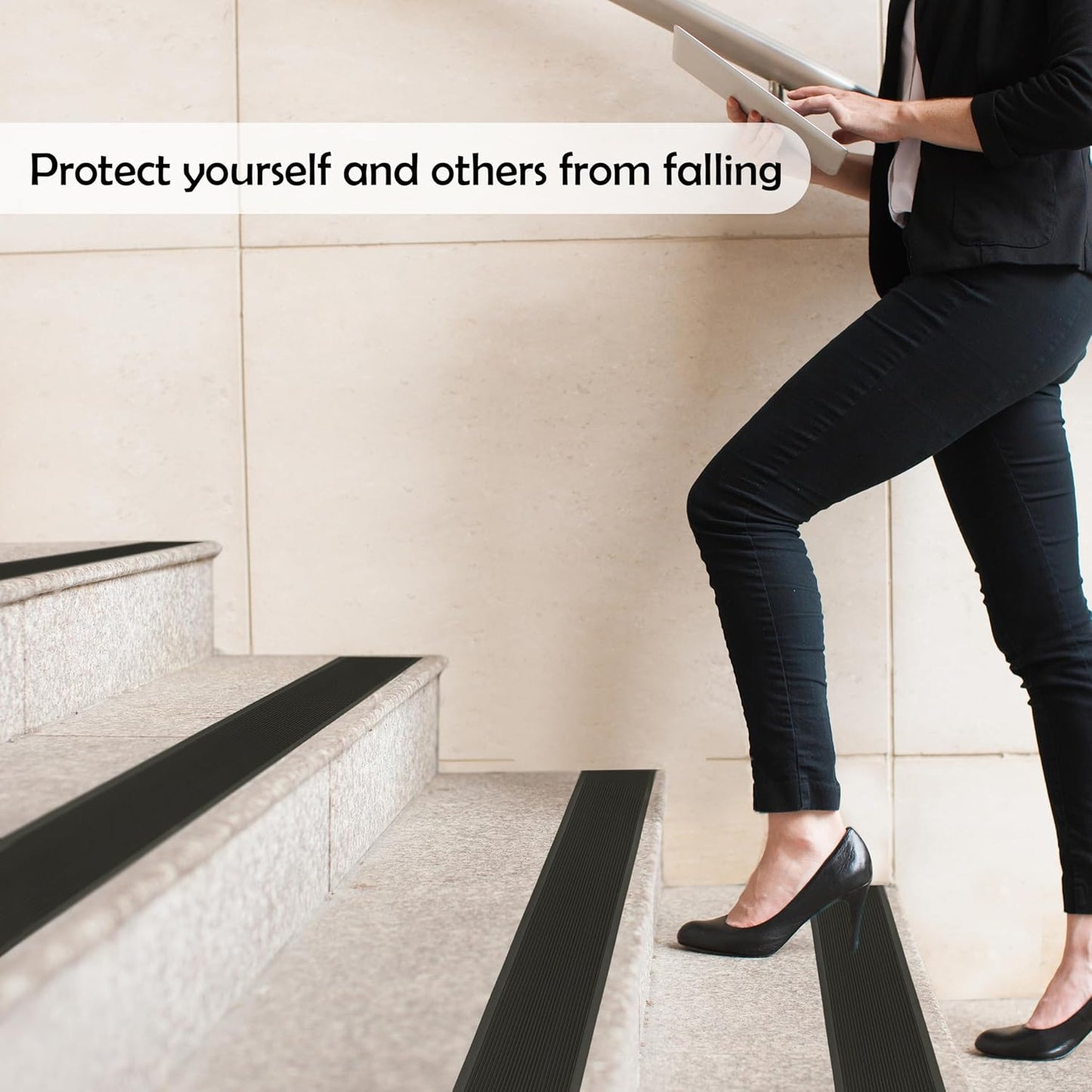 Rubber Bond 4x36in Anti Slip Stair Treads (15-Pack) - Waterproof Outdoor/Indoor Heavy Duty Non-Skid Tape for Stairs - Adhesive Rubber Grip Strips for Steps & Ramps - Black