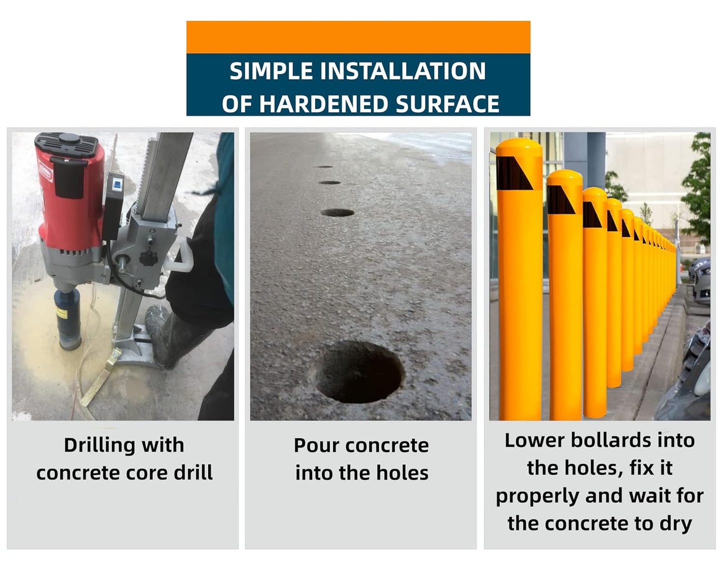 46" Pour in Place Steel Bollard Post, 4-1/2" OD Safety Bollard Yellow Powder Coat, Metal Bollard Parking, Driveway Barrier