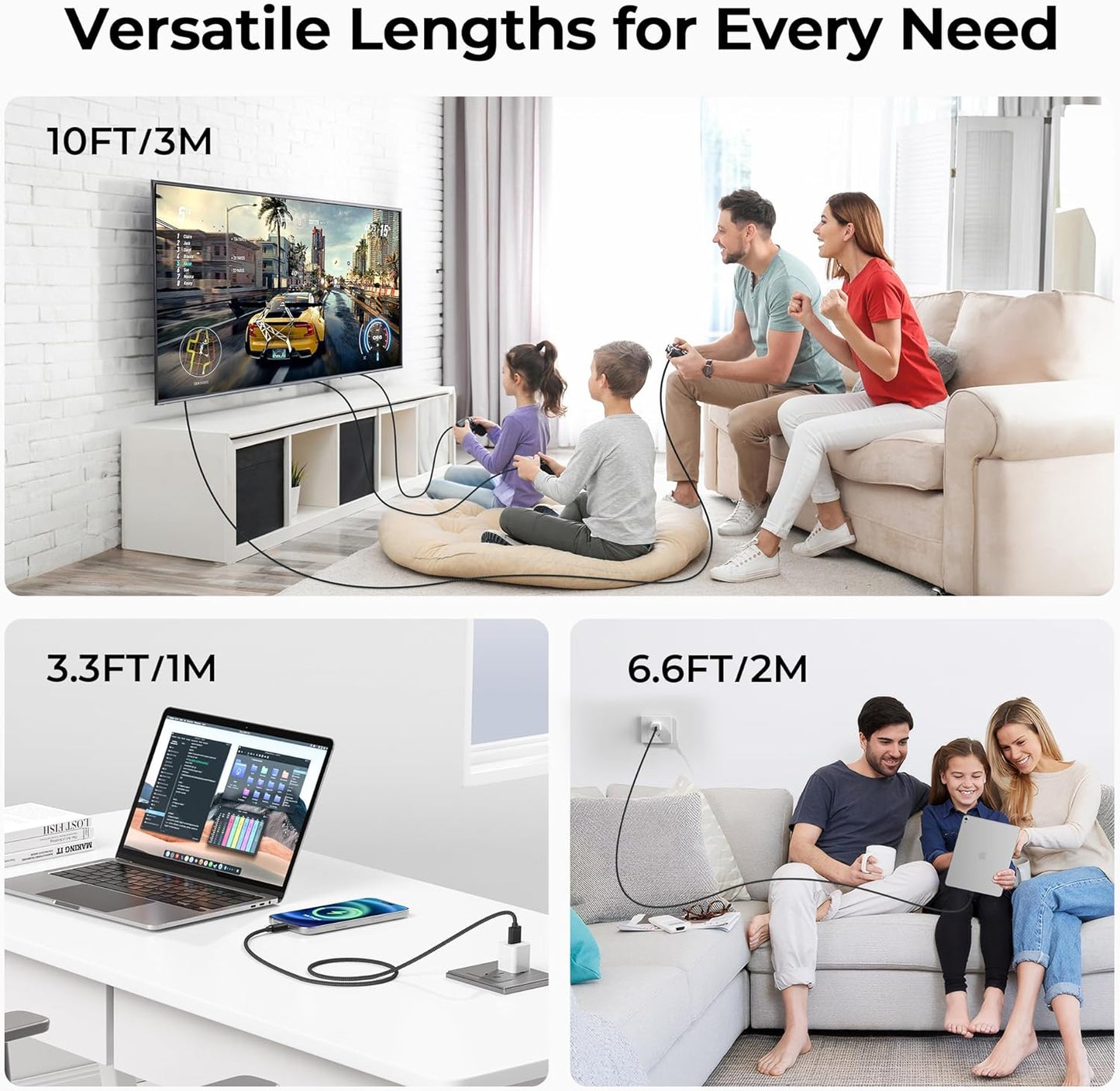 Basesailor USB Type C Charger Cable 3-Pack 3.3/6.6/10FT,Car Charging Cord for iPhone 15 Pro Max,Samsung Galaxy Tab S9 A10E A21 A51 A52 A53 A54 A70 A72 A73 A42 A34 A33 A14 A12 A22,S23 S20 S21 S22 Plus