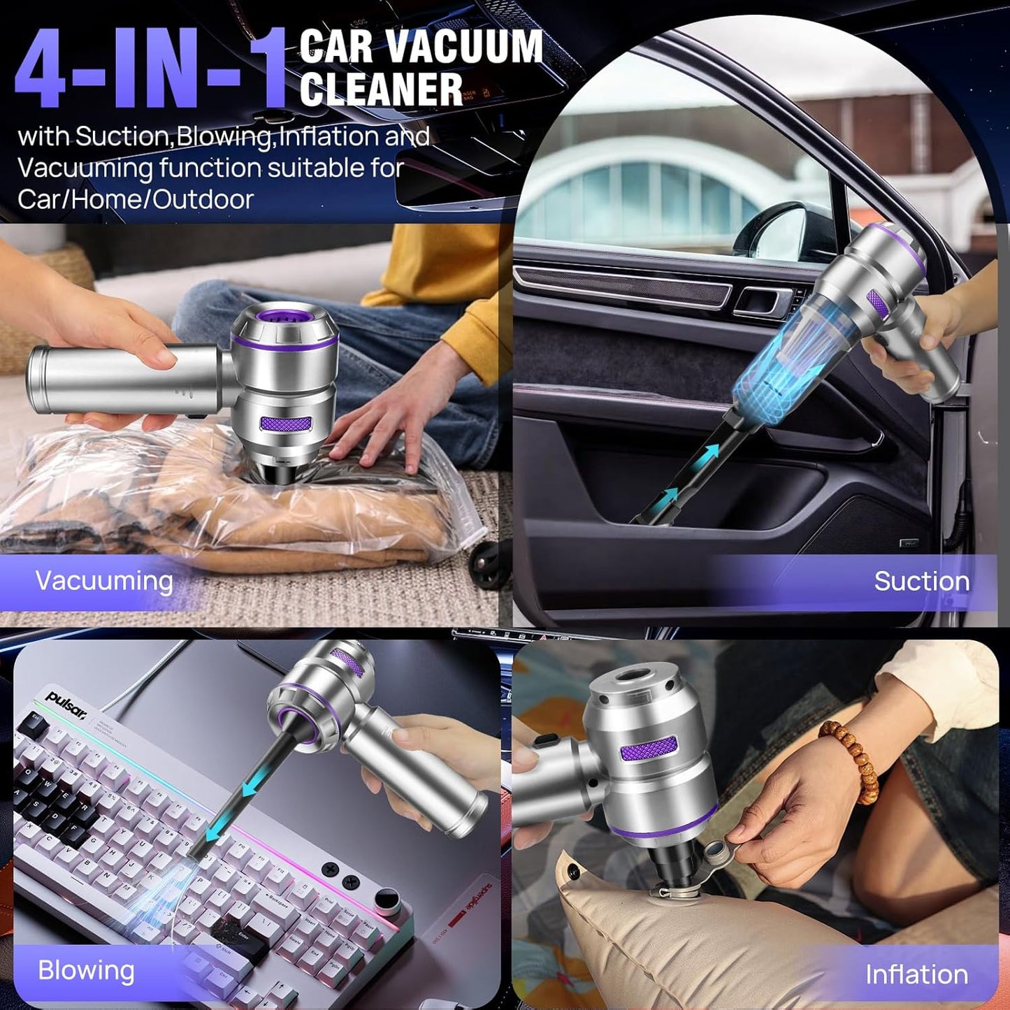 Mini Car Vacuum Cleaner,20000PA 4-in-1 Cordless Handheld Vacuum Cleaner with 6000mAh Battery Brushless Motor Hand Held Vacuum Air Duster & Air Blower & Pump for Car,Office and Home Cleaning