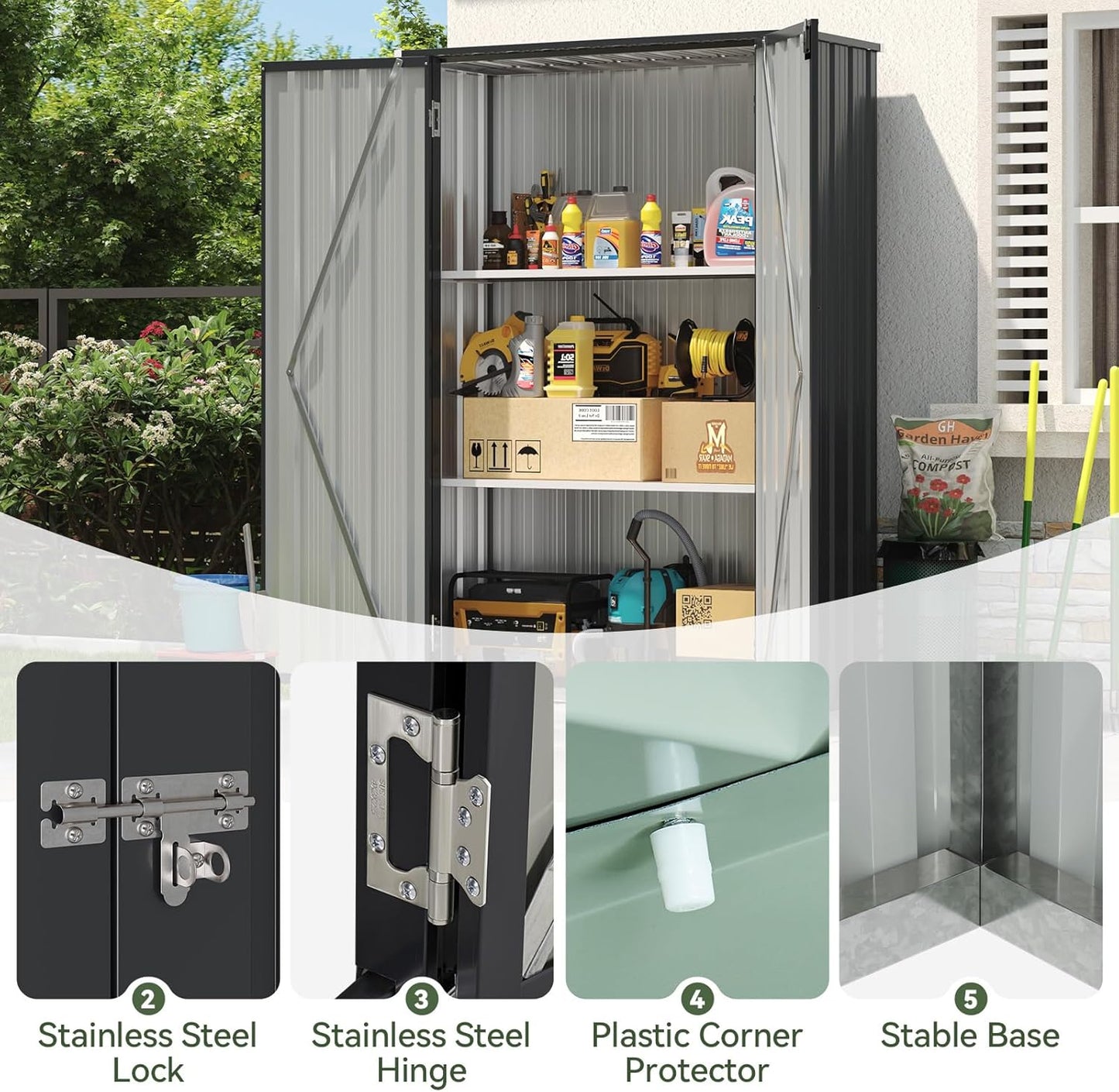 Aoxun 47x19 in Outdoor Storage Cabinet Metal Garden Shed with 2 Adjustable Shelves 3 Layer Indoor& Outdoor Waterproof Vertical Storage Shed for Patio Garden, Garage, Porch (34 Cu.Ft)