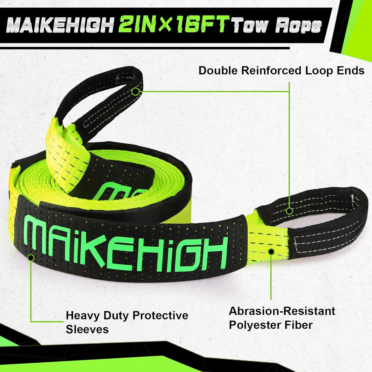 MAIKEHIGH Tow Strap Heavy Duty with Hooks, 2"×16ft (22,000Lbs) Recovery Strap with D-Ring Shackles (2pcs) + Protective Gloves (2pcs), Tow Rope for Car Truck SUV ATV (Green)
