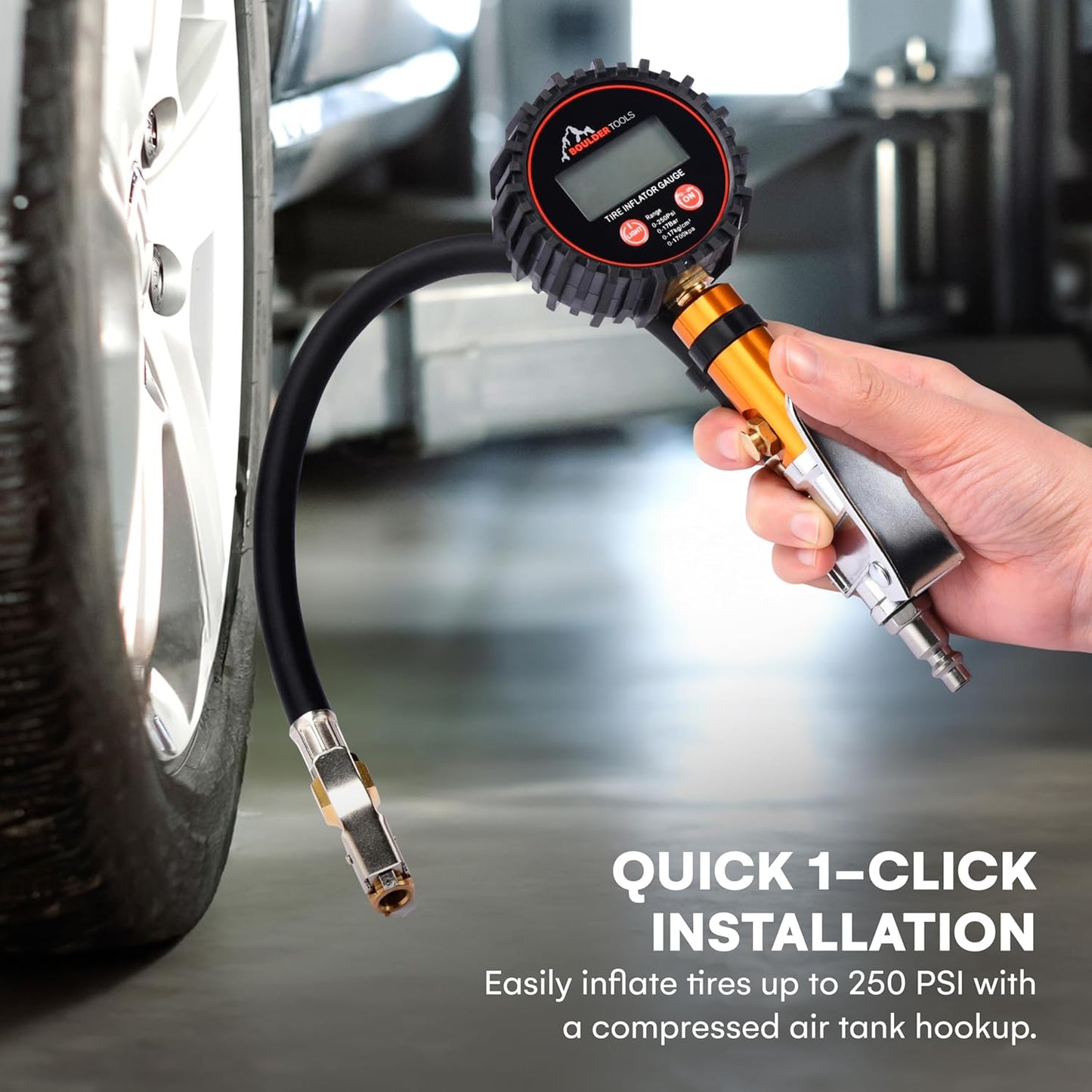 Boulder Tools Tire Pressure Gauge with Inflator - Heavy Duty 0-250 PSI LED Digital Tire Inflator Gauge with Air Chuck Lock, Bleed Valve - Air Compressor Accessories for Car, Motorcycle, Bicycle Tires