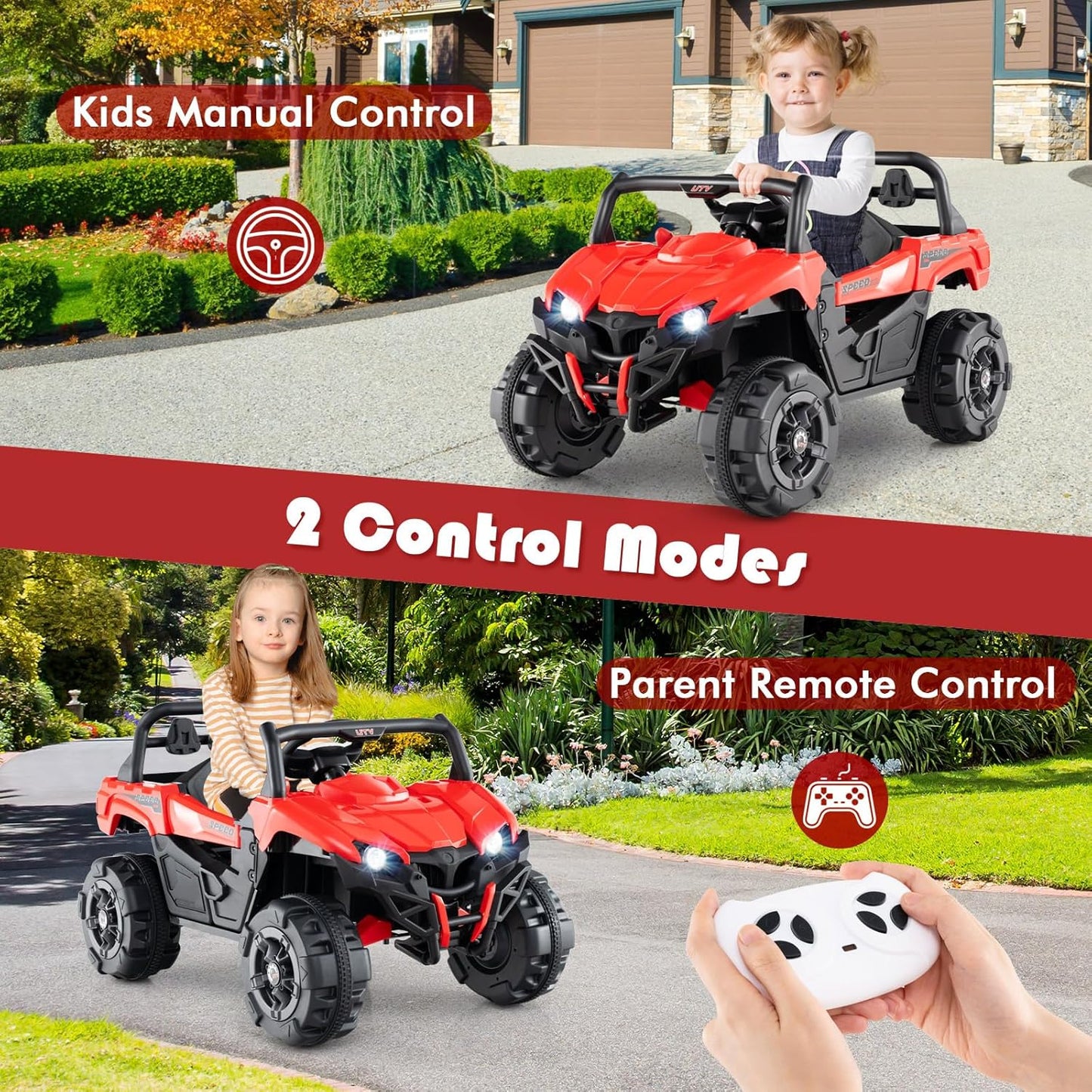 OLAKIDS 12V Ride on Car UTV, Battery Powered Off-Road Kids Electric Vehicles with Remote Control, Music, Horn, MP3, Lights, 3 Speeds, Soft Start, Ride on Truck for Boys Girls (Red)