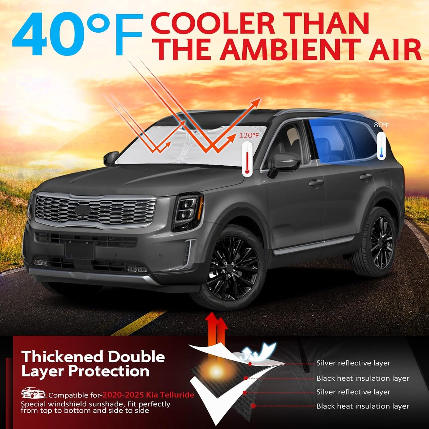 KAYZT Windshield Sun Shade for 2020-2025 Kia Telluride Foldable Sunshade SUV Front Window Custom Fit Car Accessories