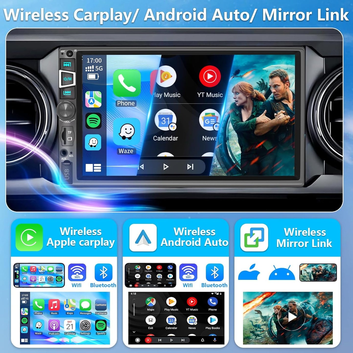 Double Din Car Stereo Compatible with Wireless Carplay&Android Auto&Mirror Link,7 Inch HD 1024 * 600 Touchscreen with Bluetooth 5.2,Backup Camera Input,Voice Control,USB/AUX/TF/SWC/MIC,AM/FM Radio