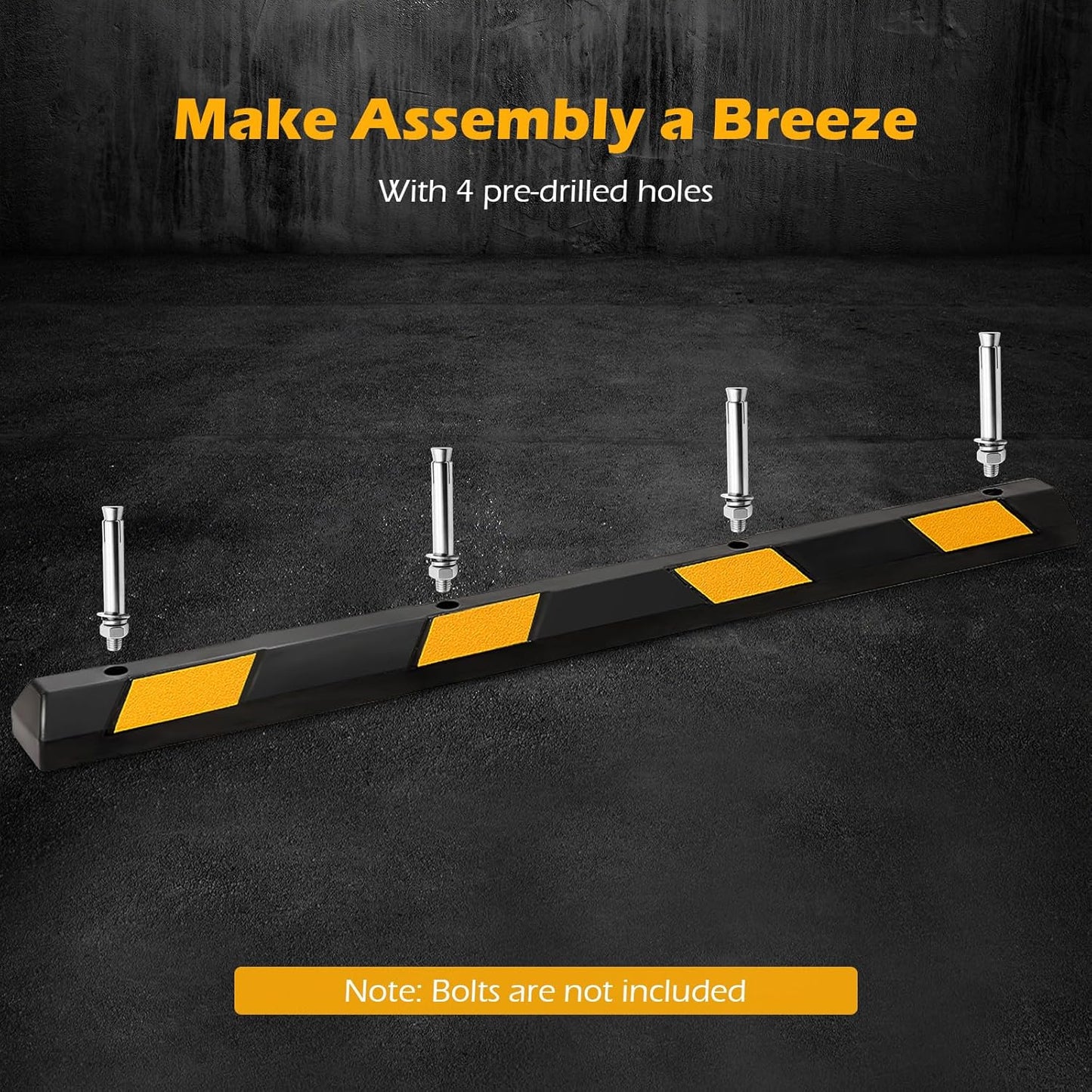 Rubber Parking Curb Garage Floor Stopper, 72" Heavy Duty Parking Lot Stopper with Yellow Reflective Stripes, Guide Wheel Stopper for Car, Truck, RV, Trailer, Driveway (6 Pack)